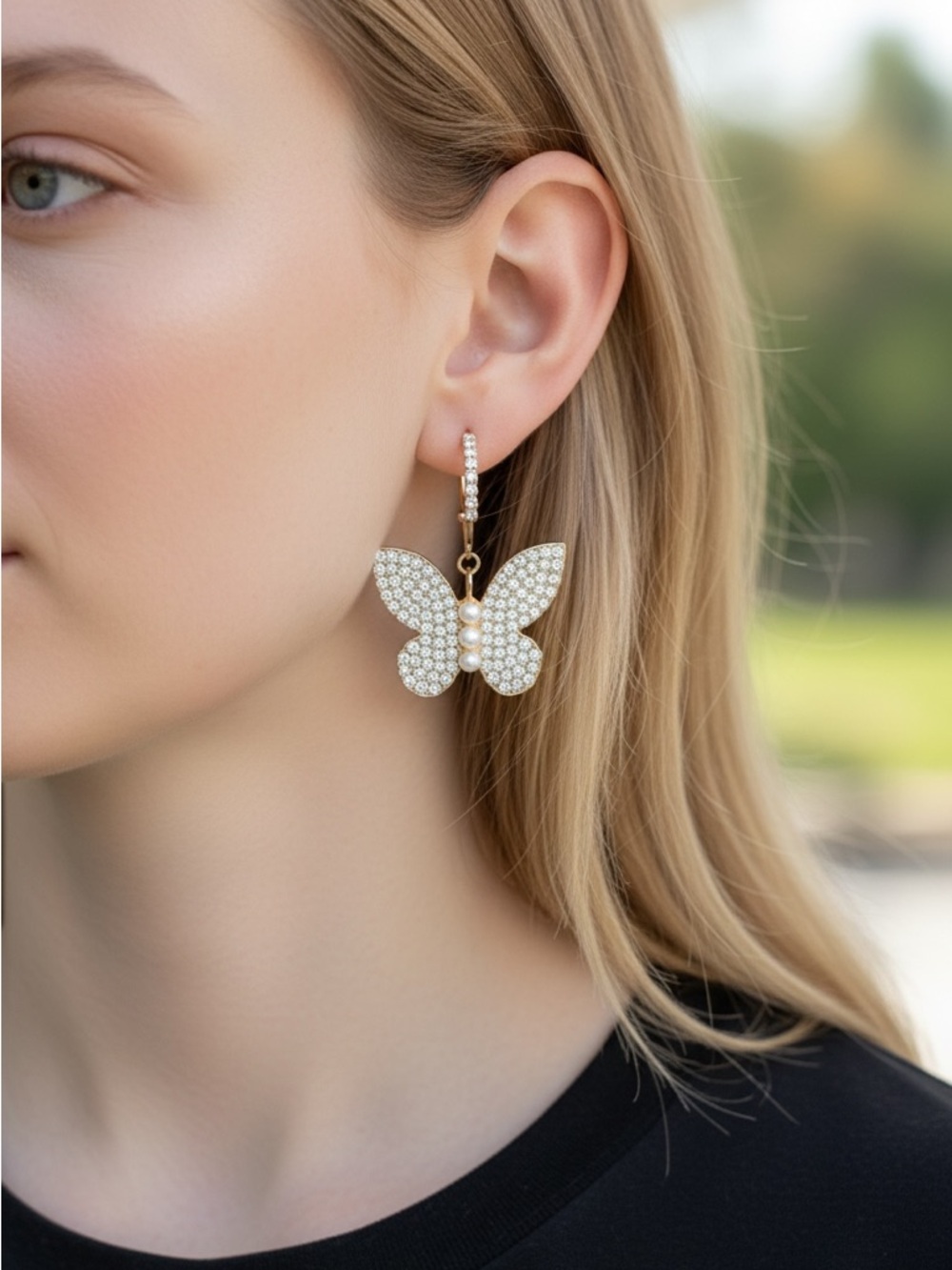 Elegant Gold Butterfly Pearl & Crystal Drop Earrings - White